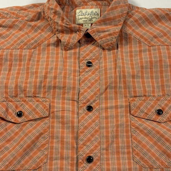 Cabela's Shirt Mens XL Orange Plaid Short Sleeve Button Up Pockets Outdoor - Picture 5 of 5
